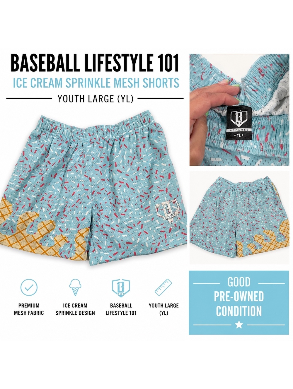 Baseball Lifestyle 101 (BL101) Ice Cream/Sprinkle mesh shorts, Youth Large (YL)